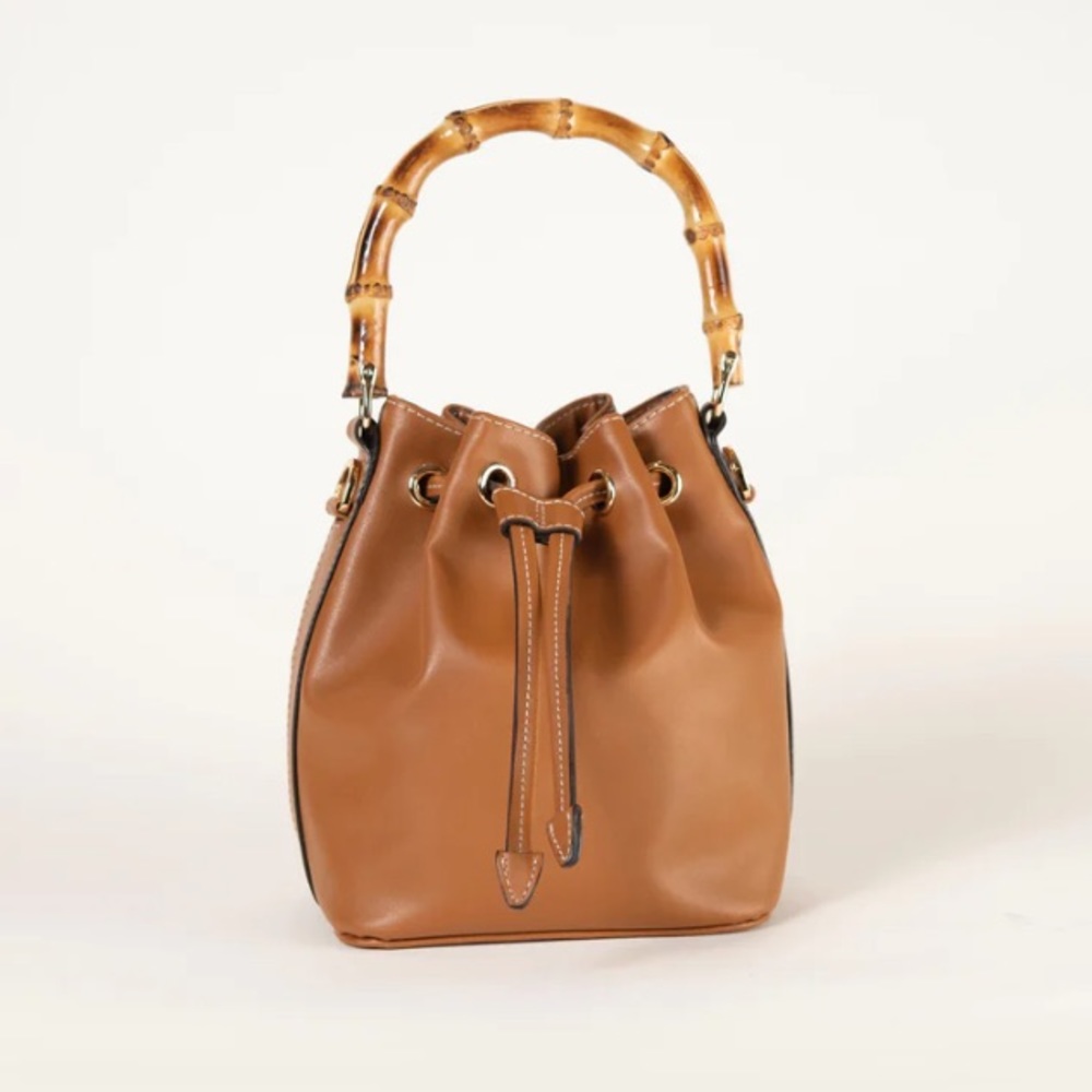MONZAC La Juliette Vegan Cactus Leather Bucket Bag, Bamboo Handle Crossbody